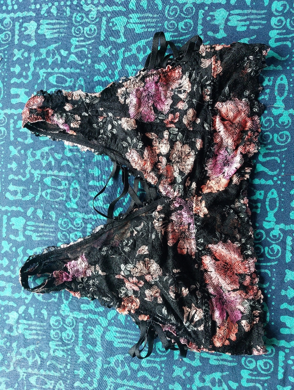 Black Lace Floral Bralette with Pink & Peach Flowers